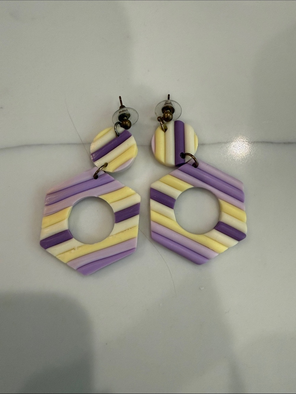 Striped Hexagon Drop Earrings - Purple & Cream